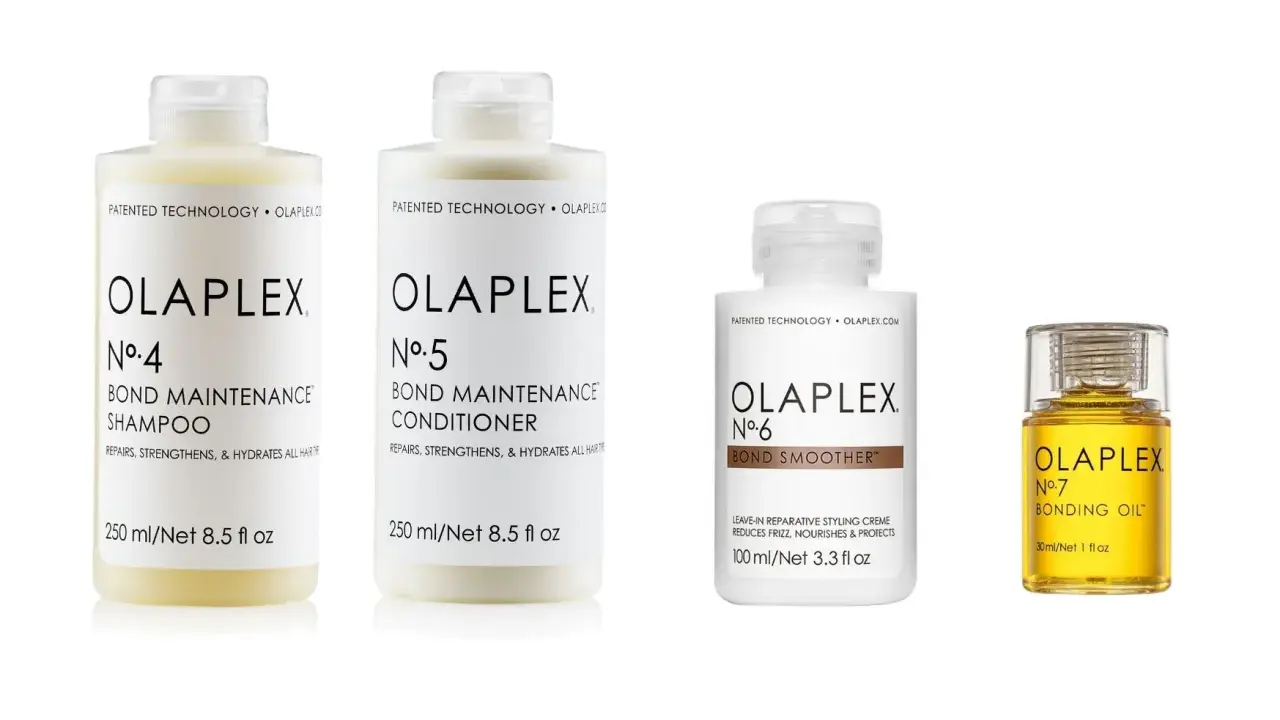 Zestaw produktów Olaplex: szampon, odżywka, krem wygładzający i olejek. Dowiedz się, olaplex co to za marka i jak działa.