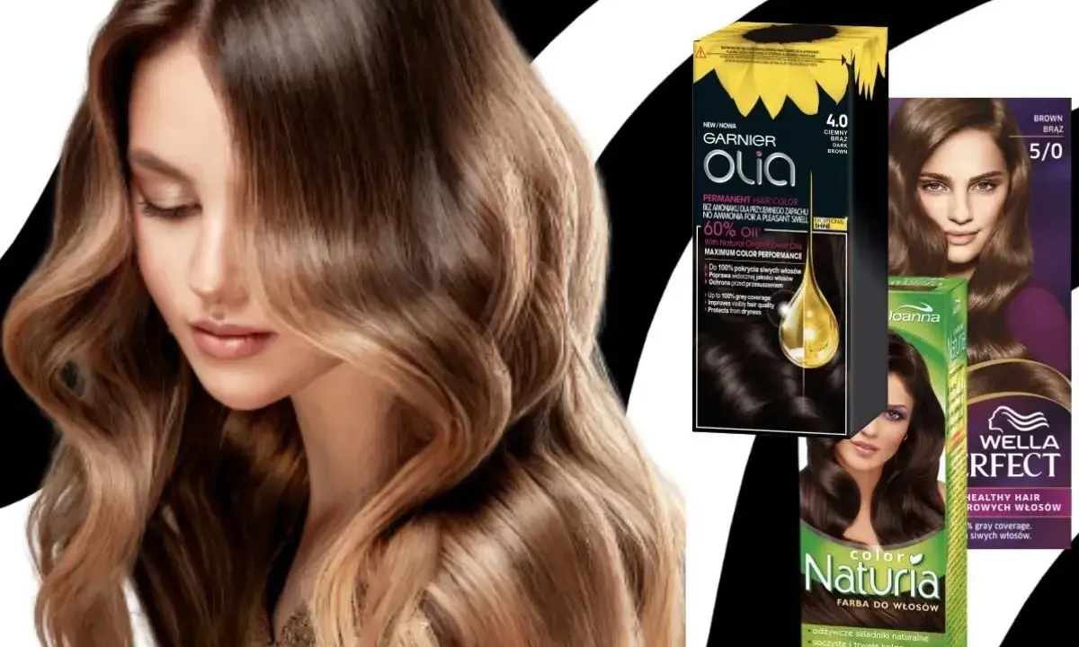 Kobieta z włosami w kolorze dark brown, obok opakowania farb do włosów Garnier Olia, Joanna Naturia i Wella.