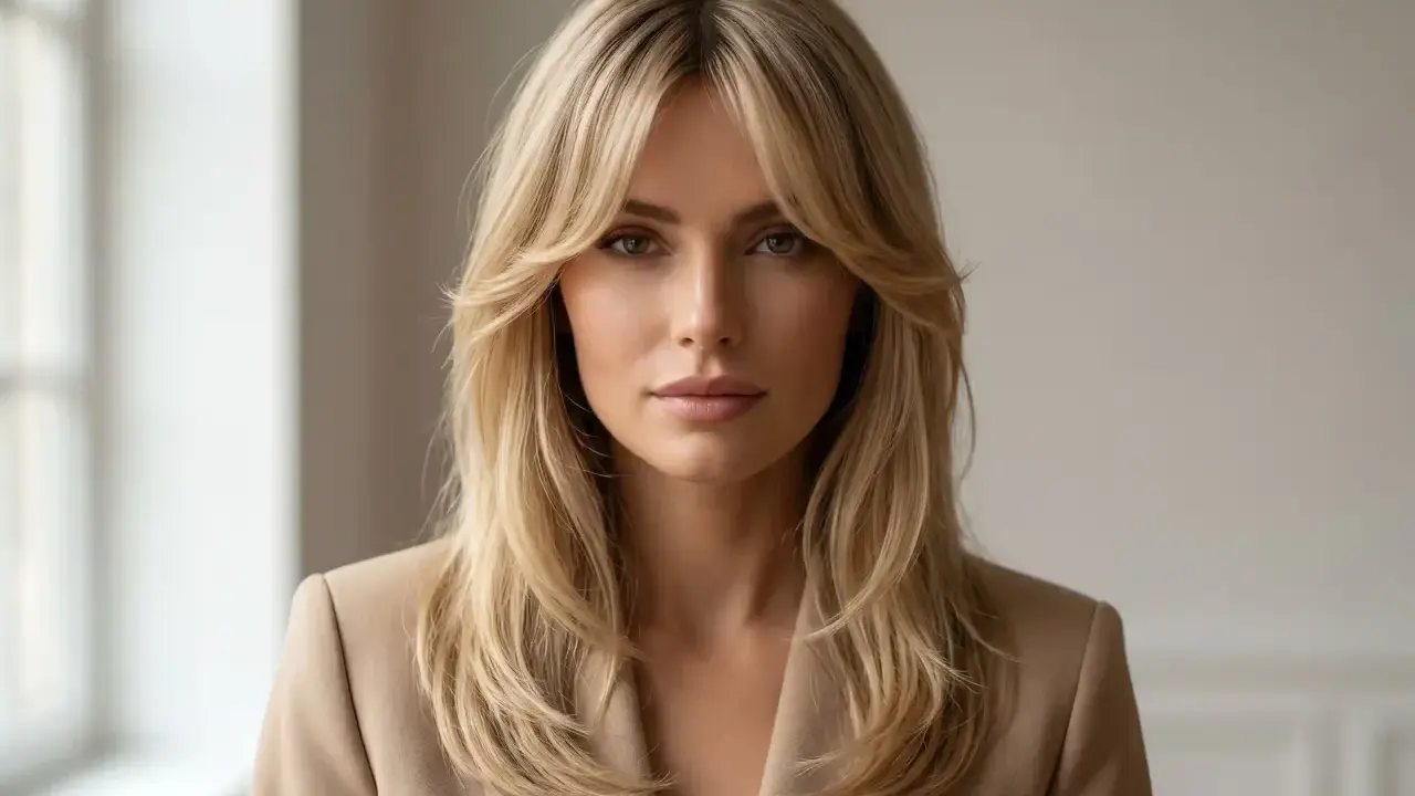 Kobieta z blond włosami i grzywką zaczesaną na boki, prezentująca różne rodzaje grzywek.