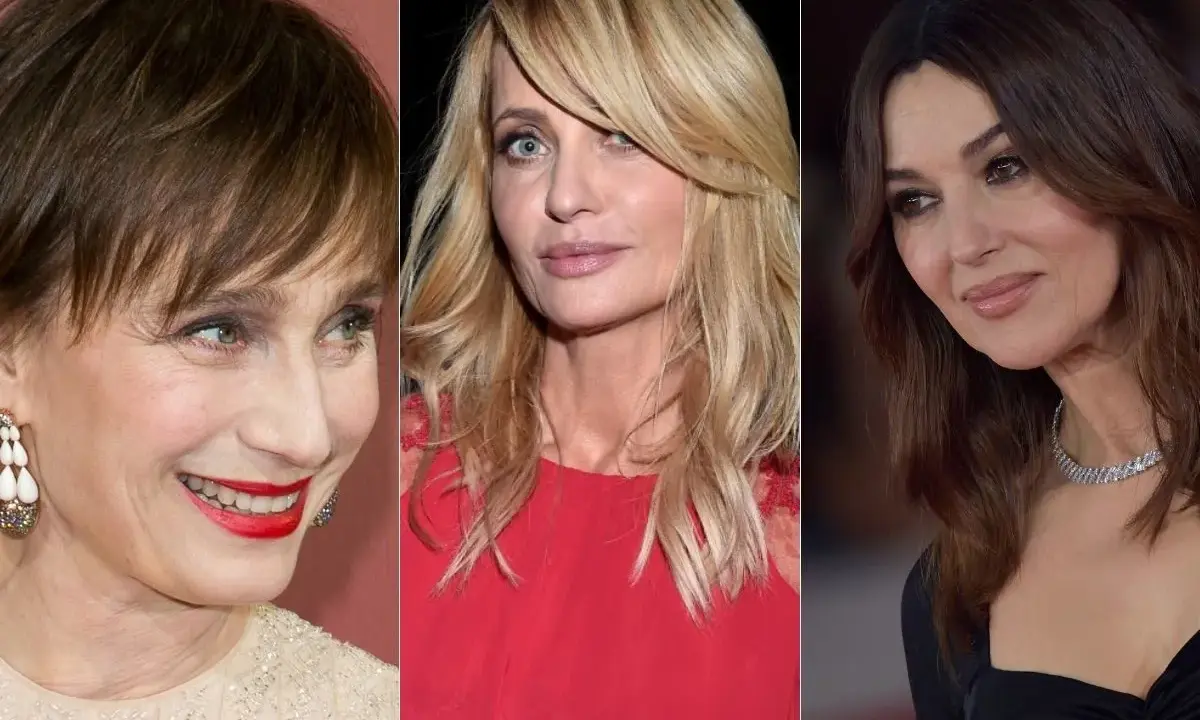 Trzy kobiety prezentują stylowe fryzury 50 plus: krótką, blond fale i długie, ciemne włosy.