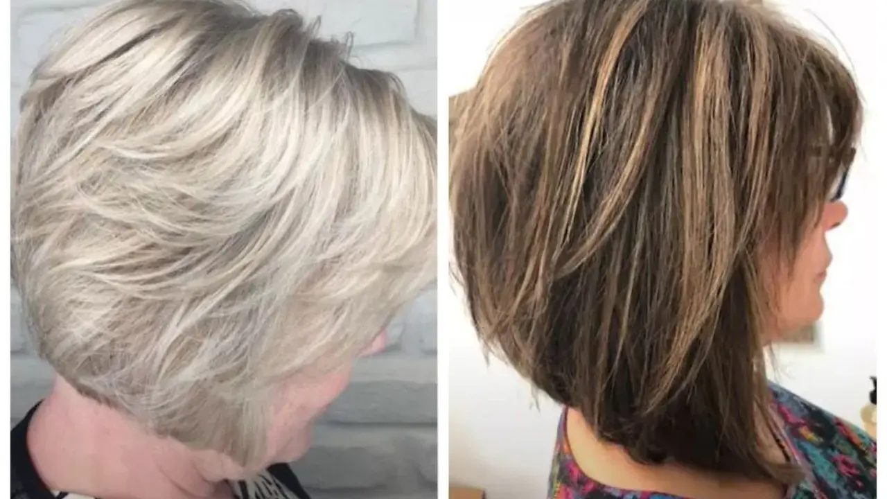 Dwie fryzury bob z pasemkami: jasny blond i brąz z refleksami. Modne kolory włosów dla starszych pań, które chcą odświeżyć swój wygląd.