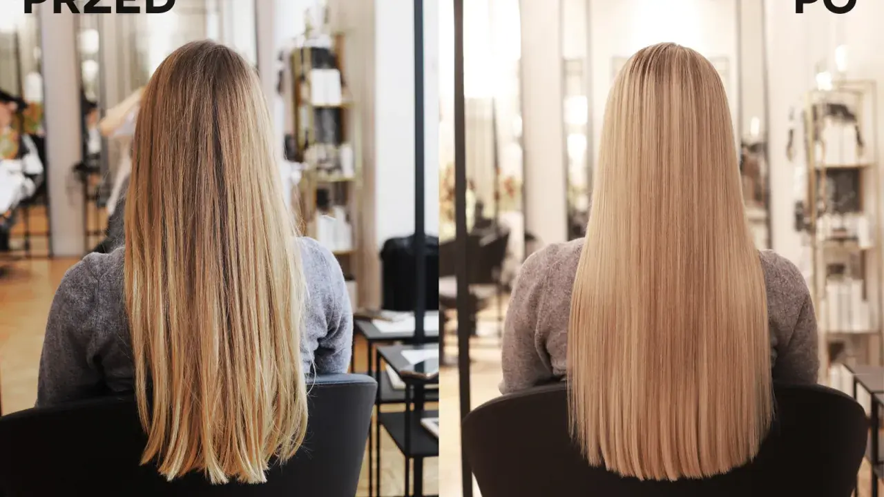 Przed i po: długie, blond włosy jasne, wygładzone i lśniące.