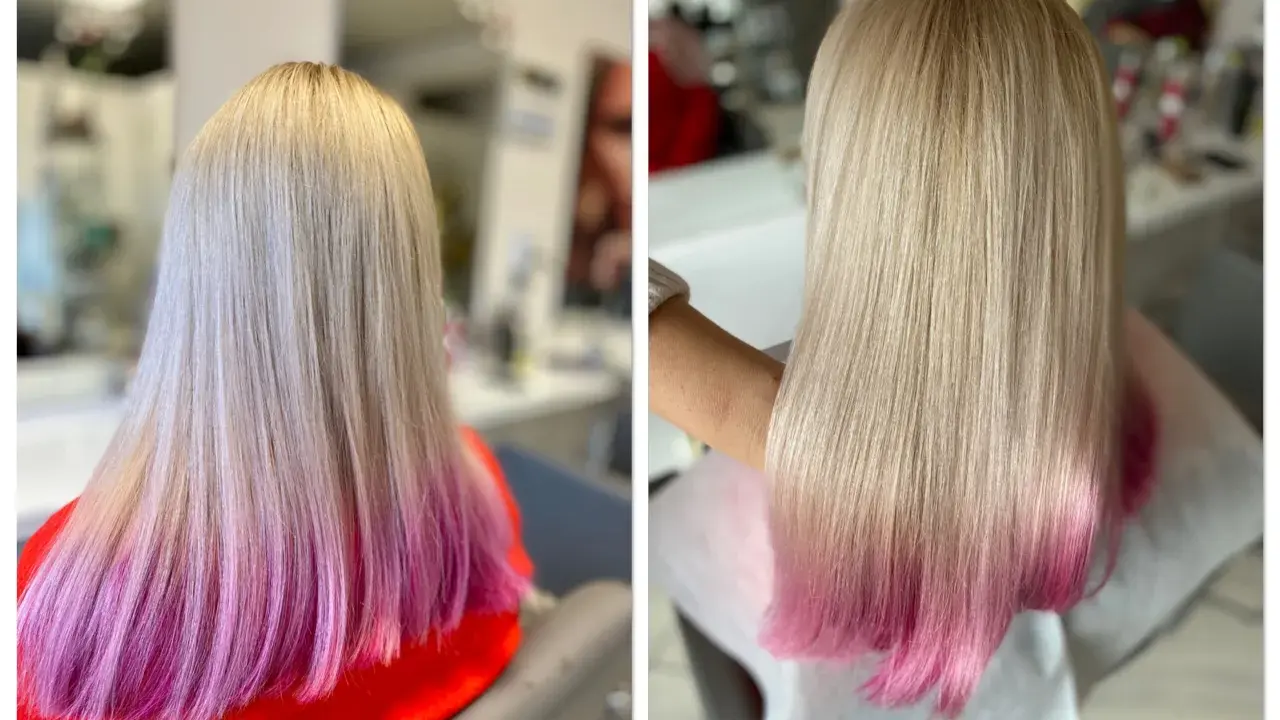 Długie, blond włosy z różowym ombre, wyglądające na zdrowsze po zabiegu krioterapii włosów.