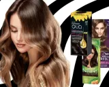Kobieta z włosami w kolorze dark brown, obok opakowania farb do włosów Garnier Olia, Joanna Naturia i Wella.