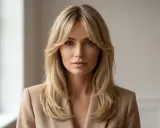 Kobieta z blond włosami i grzywką zaczesaną na boki, prezentująca różne rodzaje grzywek.