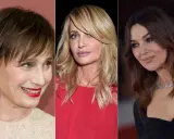 Trzy kobiety prezentują stylowe fryzury 50 plus: krótką, blond fale i długie, ciemne włosy.