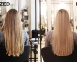 Przed i po: długie, blond włosy jasne, wygładzone i lśniące.