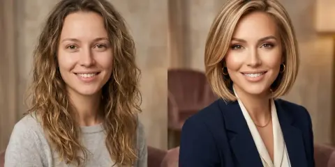 Metamorfoza: od naturalnych fal do eleganckiej fryzury bob z pazurkami. Nowy wizerunek dodaje pewności siebie i profesjonalizmu.