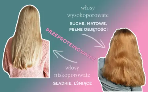Przed i po: włosy wysokoporowate, suche, matowe, pełne objętości, które mogą być wynikiem przeproteinowanie, kontra włosy niskoporowate, gładkie, lśniące.