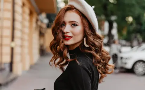 Rudowłosa kobieta w beretce i czarnym golfie, z burzą falowanych włosów. Poznaj sekrety, jak dbać o falowane włosy, by wyglądały tak zjawiskowo!