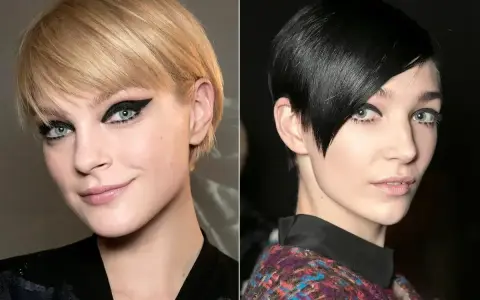 Pixie bob fryzura dla kogo? Dwie kobiety z krótkimi włosami i wyrazistym makijażem oczu.