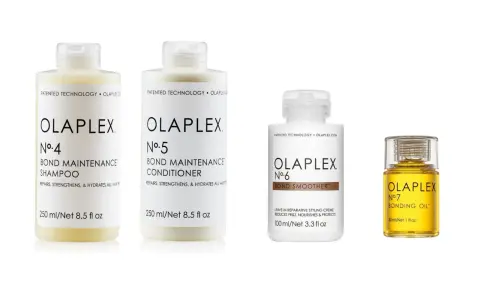 Zestaw produktów Olaplex: szampon, odżywka, krem wygładzający i olejek. Dowiedz się, olaplex co to za marka i jak działa.