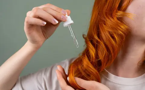 Dłoń z pipetką z olejkiem zbliża się do rudych włosów. Zastanawiasz się, jak długo trzymać olej na włosach dla najlepszych efektów?