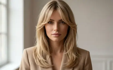 Kobieta z blond włosami i grzywką zaczesaną na boki, prezentująca różne rodzaje grzywek.