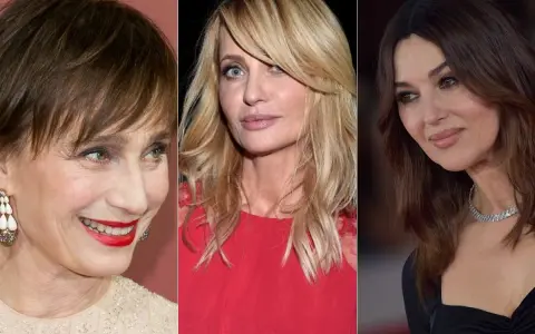 Trzy kobiety prezentują stylowe fryzury 50 plus: krótką, blond fale i długie, ciemne włosy.
