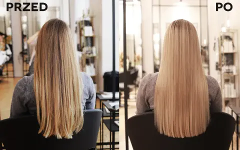 Przed i po: długie, blond włosy jasne, wygładzone i lśniące.