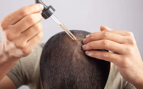 Mężczyzna aplikuje serum na skórę głowy, by zwalczyć nadmierne wydzielanie sebum.