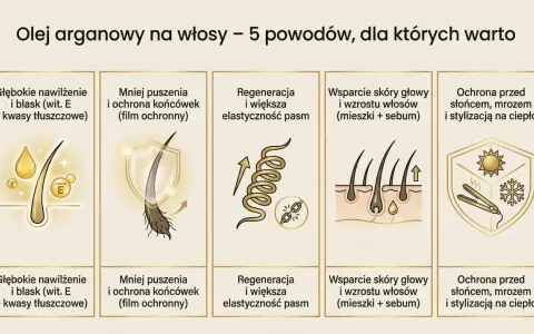 Olej arganowy na włosy: głębokie nawilżenie, mniejsza łamliwość, regeneracja, wsparcie skóry głowy i ochrona przed czynnikami zewnętrznymi.