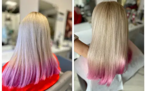 Długie, blond włosy z różowym ombre, wyglądające na zdrowsze po zabiegu krioterapii włosów.