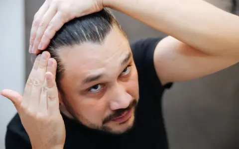 Mężczyzna sprawdza swoje włosy, martwiąc się o kreatynę a wypadanie włosów.