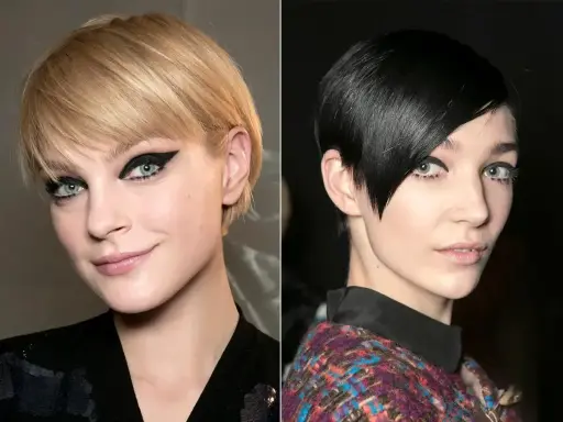 Pixie bob fryzura dla kogo? Dwie kobiety z krótkimi włosami i wyrazistym makijażem oczu.