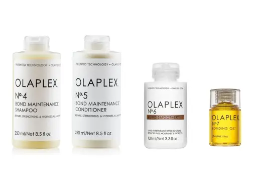 Zestaw produktów Olaplex: szampon, odżywka, krem wygładzający i olejek. Dowiedz się, olaplex co to za marka i jak działa.