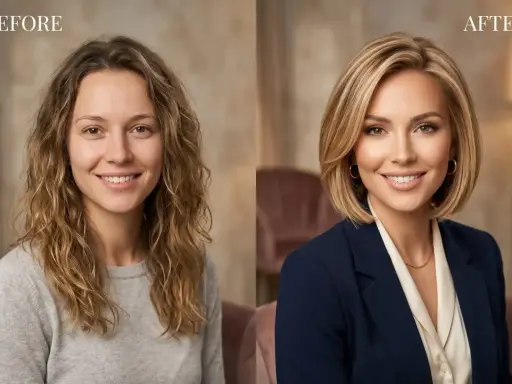 Metamorfoza: od naturalnych fal do eleganckiej fryzury bob z pazurkami. Nowy wizerunek dodaje pewności siebie i profesjonalizmu.