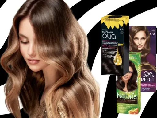Kobieta z włosami w kolorze dark brown, obok opakowania farb do włosów Garnier Olia, Joanna Naturia i Wella.