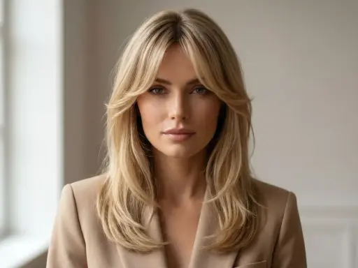 Kobieta z blond włosami i grzywką zaczesaną na boki, prezentująca różne rodzaje grzywek.