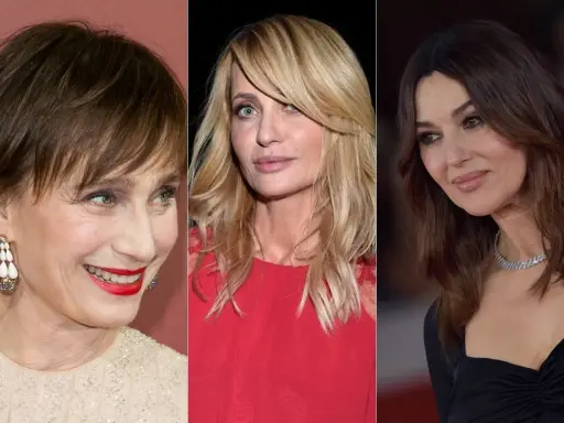 Trzy kobiety prezentują stylowe fryzury 50 plus: krótką, blond fale i długie, ciemne włosy.