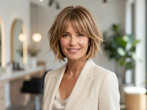 Uśmiechnięta kobieta w eleganckim beżowym żakiecie i satynowej bluzce. Jej stylowa fryzura półkrótka z grzywką dodaje jej uroku.