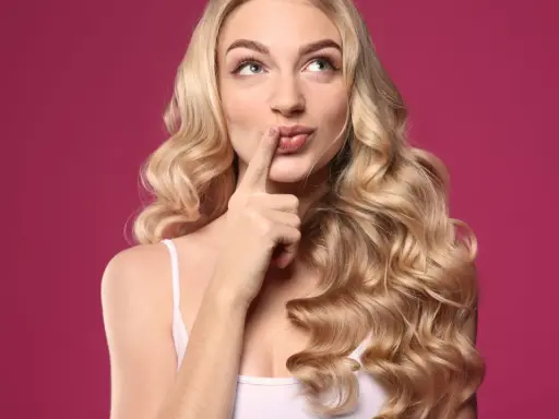 Zastanawiasz się, jak sprawdzić czy pasuje Ci blond? Kobieta z burzą złotych loków na różowym tle z palcem przy ustach.