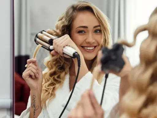 Uśmiechnięta blondynka tworzy fale na długich włosach za pomocą lokówki.
