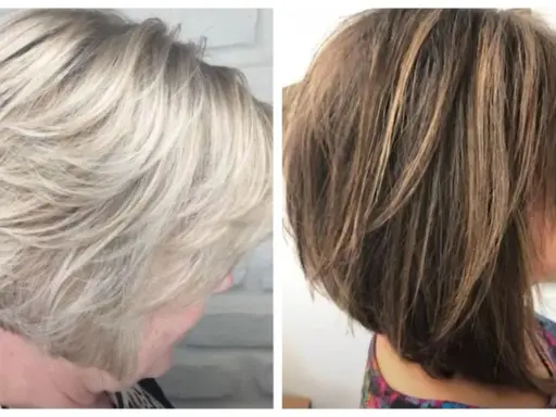 Dwie fryzury bob z pasemkami: jasny blond i brąz z refleksami. Modne kolory włosów dla starszych pań, które chcą odświeżyć swój wygląd.