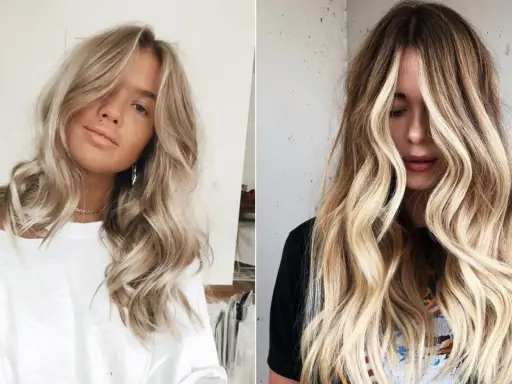 Dwie kobiety z falowanymi, blond włosami do ramion. Jedna ma jaśniejsze pasemka, druga ciemniejsze.
