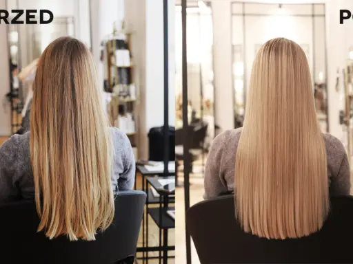 Przed i po: długie, blond włosy jasne, wygładzone i lśniące.