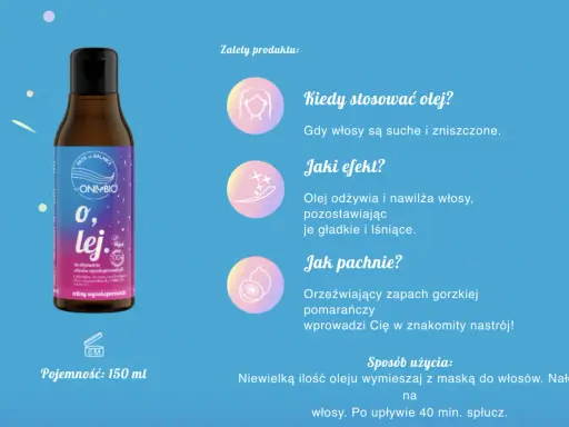 Olej do włosów wysokoporowatych OnlyBio. Odżywia, nawilża, pozostawia włosy gładkie i lśniące. Zapach gorzkiej pomarańczy.