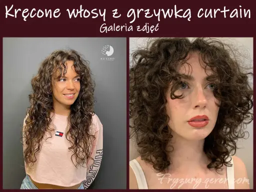 Dwie kobiety z pięknymi, kręconymi włosami z grzywką curtain. Jedna w różowej bluzce, druga w białej.