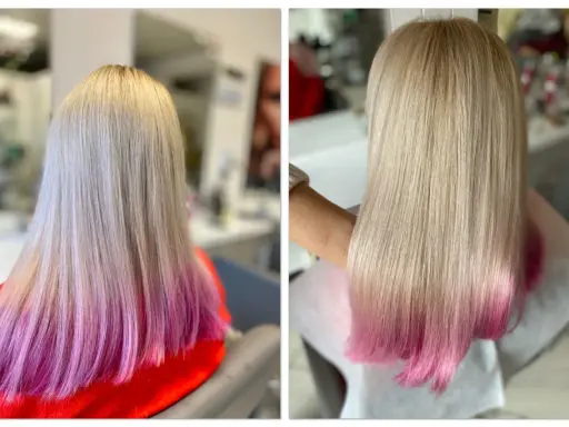 Długie, blond włosy z różowym ombre, wyglądające na zdrowsze po zabiegu krioterapii włosów.