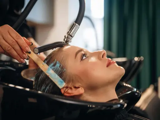 Profesjonalna pielęgnacja włosów farbowanych. Stylistka nakłada niebieską maskę na mokre włosy klientki, która leży w fotelu fryzjerskim.