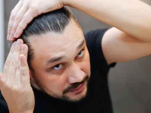Mężczyzna sprawdza swoje włosy, martwiąc się o kreatynę a wypadanie włosów.