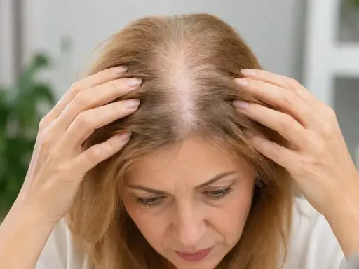 Kobieta zmartwiona przerzedzonymi włosami, które mogą być związane z menopauzą i wypadaniem włosów.