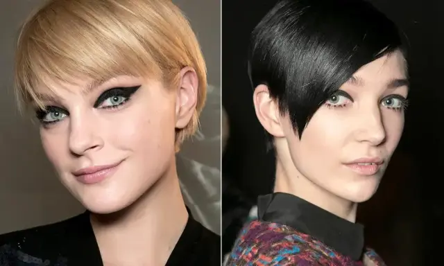 Pixie bob fryzura dla kogo? Dwie kobiety z krótkimi włosami i wyrazistym makijażem oczu.