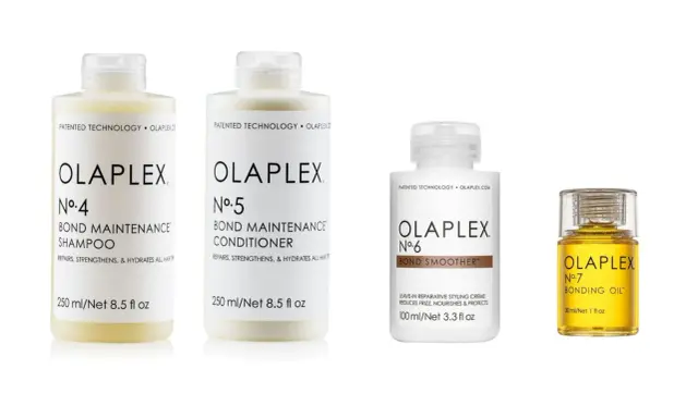 Zestaw produktów Olaplex: szampon, odżywka, krem wygładzający i olejek. Dowiedz się, olaplex co to za marka i jak działa.