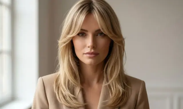 Kobieta z blond włosami i grzywką zaczesaną na boki, prezentująca różne rodzaje grzywek.