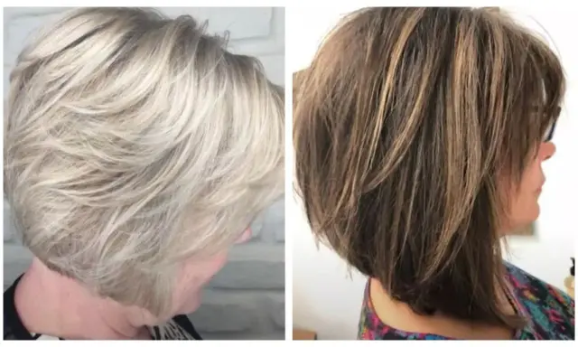 Dwie fryzury bob z pasemkami: jasny blond i brąz z refleksami. Modne kolory włosów dla starszych pań, które chcą odświeżyć swój wygląd.