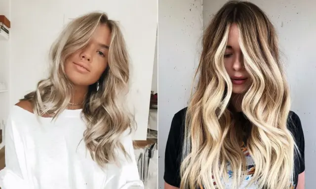 Dwie kobiety z falowanymi, blond włosami do ramion. Jedna ma jaśniejsze pasemka, druga ciemniejsze.
