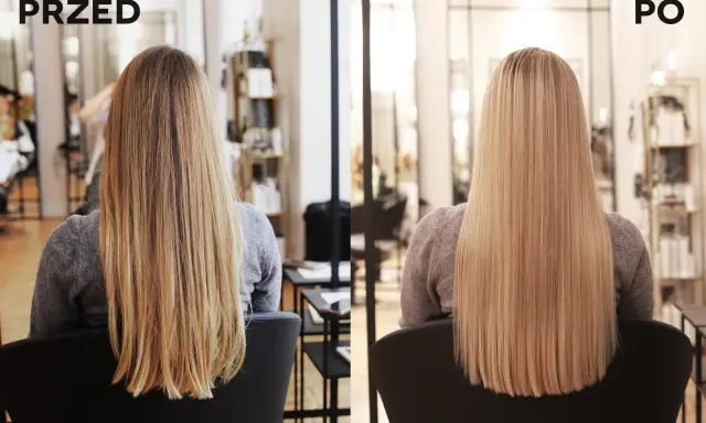 Przed i po: długie, blond włosy jasne, wygładzone i lśniące.