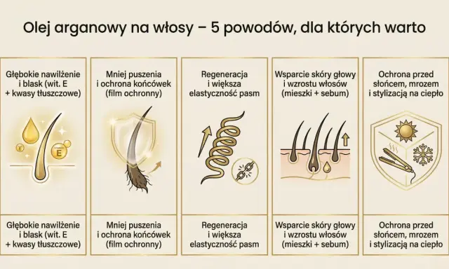 Olej arganowy na włosy: głębokie nawilżenie, mniejsza łamliwość, regeneracja, wsparcie skóry głowy i ochrona przed czynnikami zewnętrznymi.