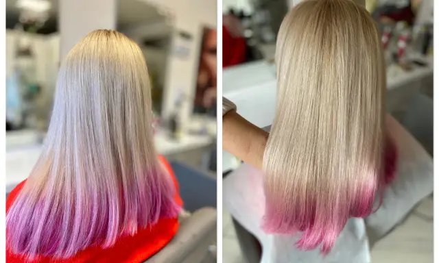Długie, blond włosy z różowym ombre, wyglądające na zdrowsze po zabiegu krioterapii włosów.
